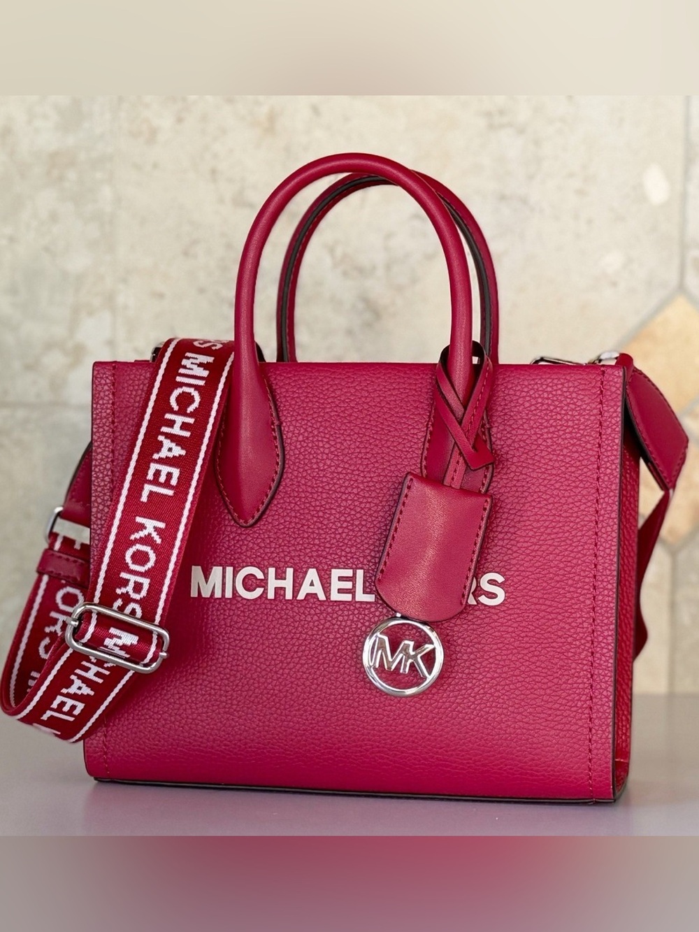 Michael Kors Mirella Small Shopper Tote in Dark Raspberry branded guitar strap